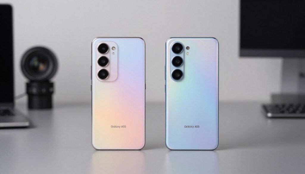 A comparison image featuring the camera specifications of the Galaxy A55 versus a high-end flagship smartphone. In the foreground, position both smartphones side by side, displaying their camera modules with intricate details and specifications visible. In the middle ground, include a smooth, modern tech workspace setting with elegant lighting to reflect a premium atmosphere, highlighting the differences in lens sizes and camera design. The background should be soft-focused, showcasing a stylish, minimalistic environment with tech gadgets to emphasize a high-tech lifestyle. The overall mood is sophisticated and engaging, inviting viewers to compare the camera features visually. Soft, diffused lighting enhances the details while maintaining a clean, professional look without any text overlays or distractions.